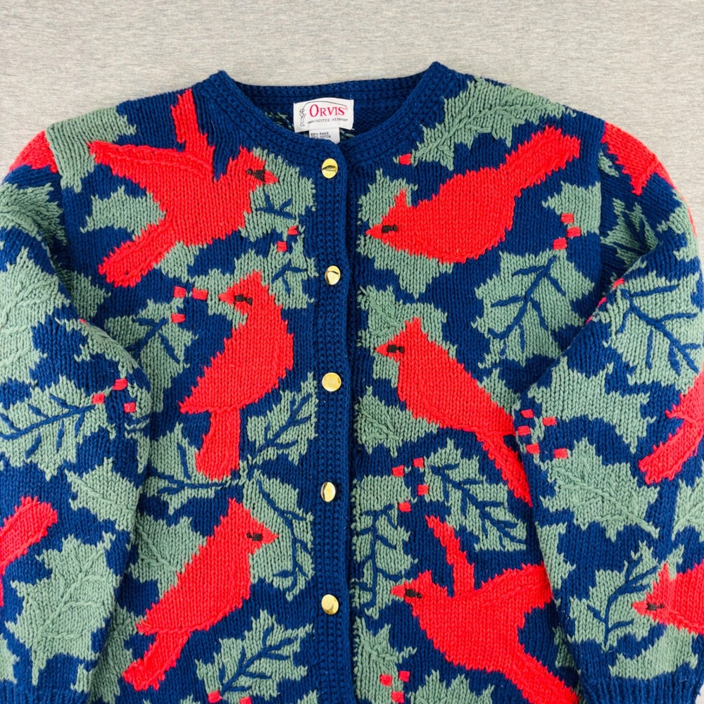 Vintage Orvis Hand Knit Cardinal Bird Cardigan Grandma Holiday Christmas M - Picture 2 of 9